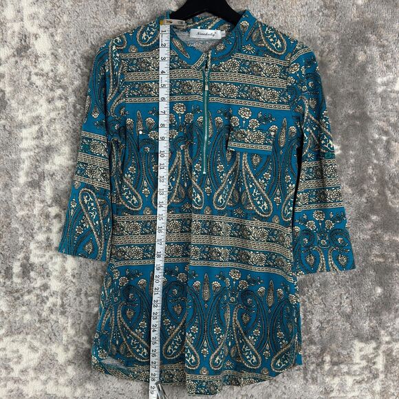 Ninedaily Womens Size S Floral Stretch 1/4 Zip Top Blue Roll Tab Sleeve - Picture 4 of 11